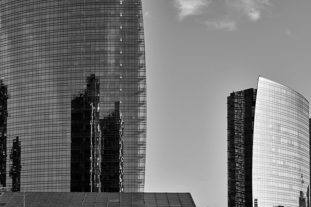 Skyscrapers geometries and reflections in Milan Porta Nuova business district. Italy