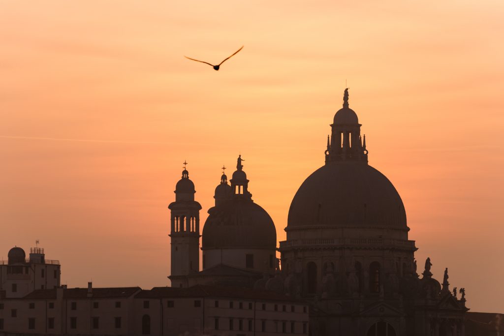 Beautiful Venice, Grand Canal famous church of Santa Maria della Salute at sunset with seagull